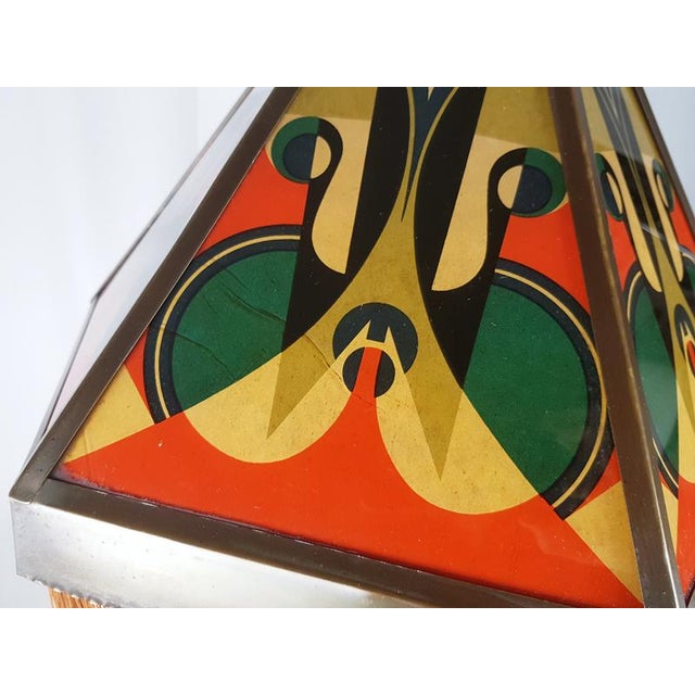 Art Deco Copper & Printed Glass Pendant Lamp attributed to the Amsterdam School, 1920s For Sale - Image 4 of 16