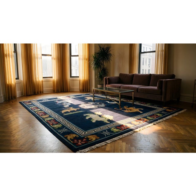 Textile 1940s Blue Navy Animalia Antique Chinese Tibetan Rug 8' X 10' Handknotted Wool Carpet For Sale - Image 7 of 9