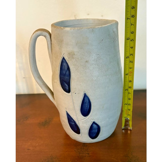 Mid-Century Williamsburg Pottery Handmade Stoneware 7” Mug With Blue Leaf Motif For Sale In Indianapolis - Image 6 of 7