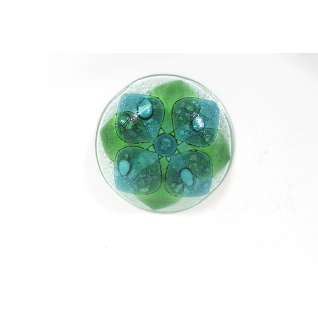 Mid-Century Modern Vintage Art Glass Bubble Bowl Green Blue Flower For Sale - Image 3 of 9