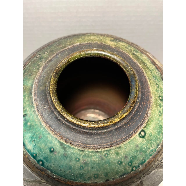 Mid-Century Modern Vintage Studio Art Pottery Chestnut Leaves Raku Glaze Vase by Bohn, Signed For Sale - Image 3 of 7