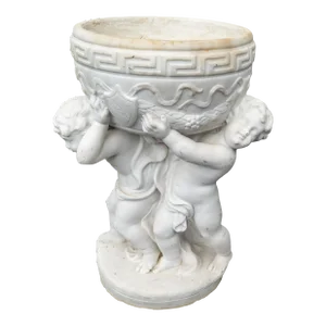 19th Century Italian Carved White Marble Garden Planter With Cherubs