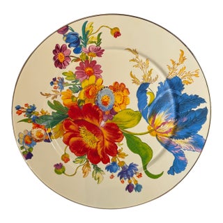 Large 16” MacKenzie-Childs Flower Market Pedestal Cake Stand W/ Courtly Check Base For Sale