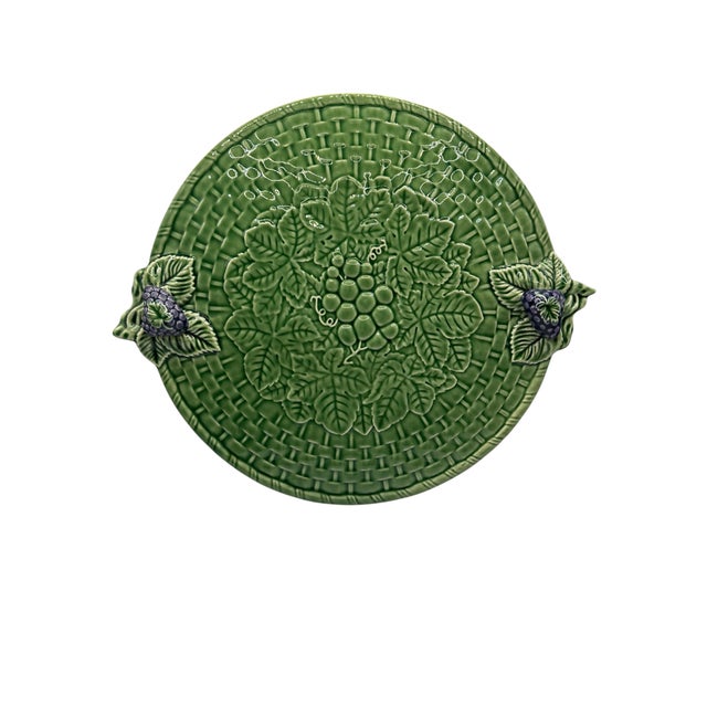 Vintage Bordallo Pinheiro Green Majolica Basketweave Cheese & Cake Platter For Sale - Image 12 of 12