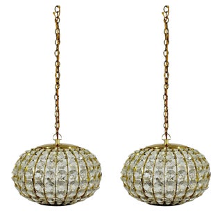 Mid Century Modern Crystal & Brass Hanging Pendant Light Fixtures 1950s - a Pair For Sale