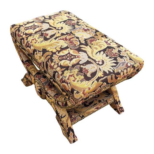 This Single Tapestry Upholstery X Base Bench by Billy Baldwin is an ornate stool, in a French-style stool, often referred...