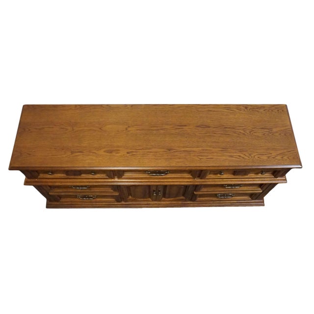 Bassett Furniture Solid Oak Traditional American Colonial Revival 70" Triple Door Dresser 2085-247 For Sale - Image 11 of 15