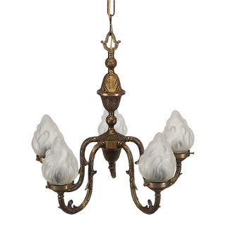 Vintage French Art Nouveau Brass 5 Arm 5 Light Flame Globe Chandelier For Sale