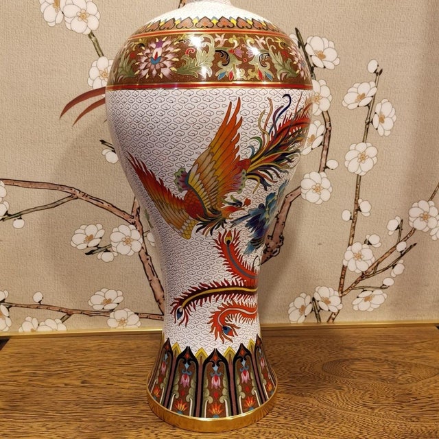 Metal Vintage Chinese Cloisonné Meiping Vase | White Ground Phoenix & Peony Motif With Stand For Sale - Image 7 of 10