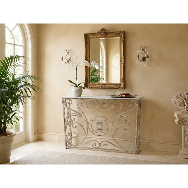 Vintage French Country Whitewashed Wrought Iron Console Table With Marble Top For Sale - Image 11 of 12