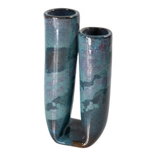 Mid-Century Modern Turquoise and Teal Art Pottery Vase, Signed For Sale