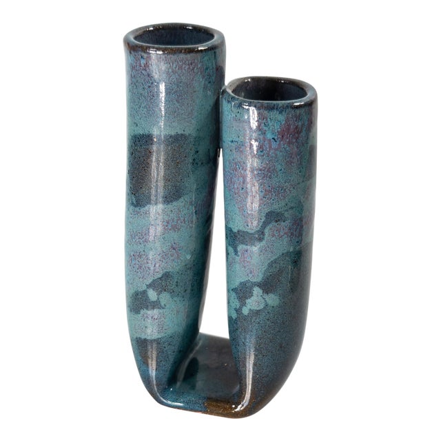 Mid-Century Modern Turquoise and Teal Art Pottery Vase, Signed For Sale