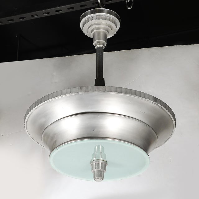 1930s Art Deco Brushed Aluminum & Frosted Glass Chandelier With Fluted Detailing For Sale - Image 11 of 13