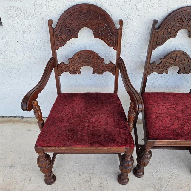Antique English Oak Tudor Jacobean Dining Chairs 1930's Set of 4 For Sale - Image 9 of 18