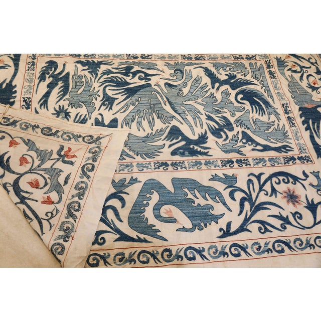 Textile Vintage Blue Floral and Birds Suzani Uzbek Embroidered Textile For Sale - Image 7 of 12