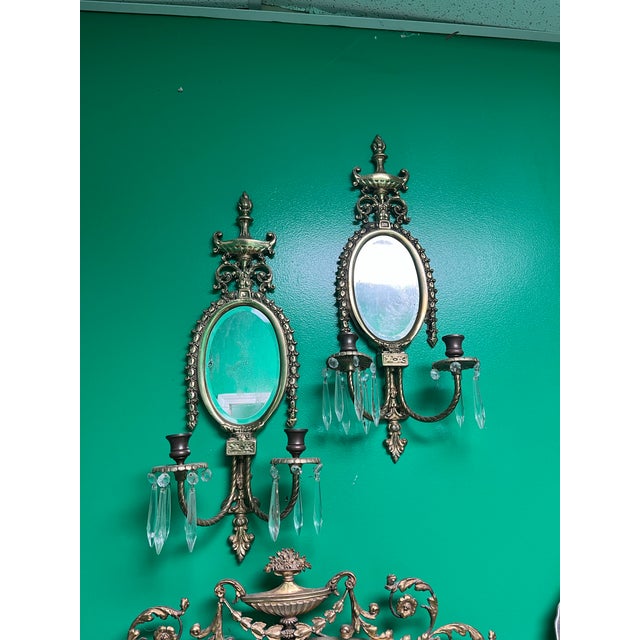 Pair of Vintage Brass and Crystal French Mirrored Candle Wall Sconces For Sale - Image 4 of 5