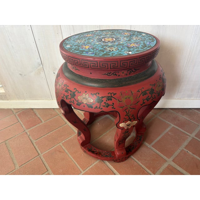 Vintage red painted wooden garden stool or side table! This absolutely lovely piece came from the Texas estate of a well-...