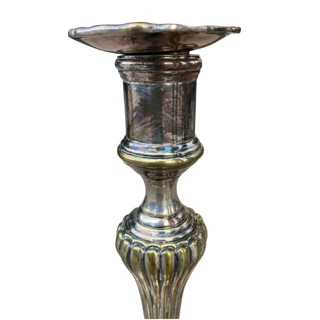 French Louis XV Silvered Brass Candlesticks - a Pair For Sale - Image 3 of 6