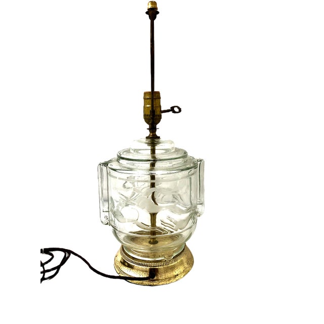 Pair of Art Deco-Inspired Clear Glass and Brass Lamps With Shades For Sale - Image 9 of 12