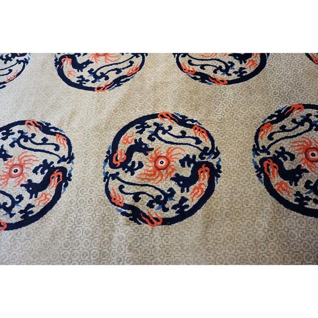 Textile 1920s Ivory and Blue Dragon Roundels Antique Chinese Baotou Room Size Rug For Sale - Image 7 of 10