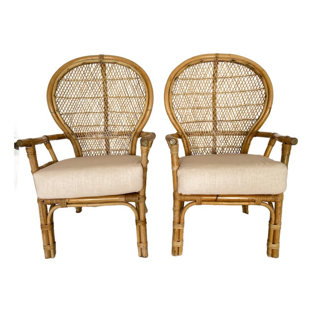 Pair Bamboo & Rattan Fan Back Arm Chairs For Sale
