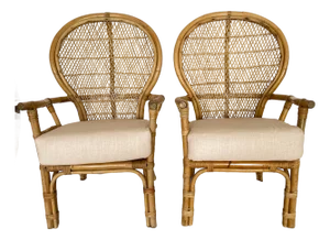 Pair Bamboo & Rattan Fan Back Arm Chairs