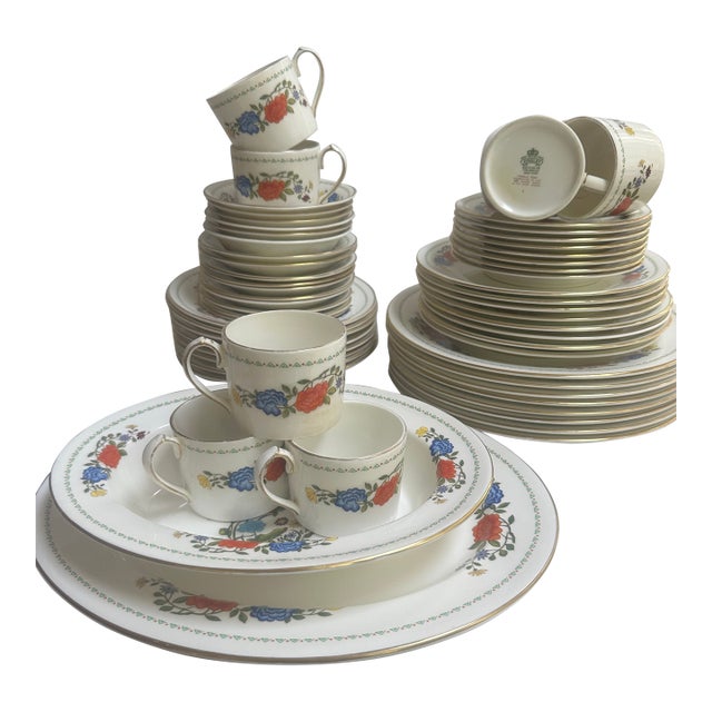 Vintage 1960 Aynsley and Sons England Hand Painted "Famille Rose" 56pc Dinner Set for 8 For Sale