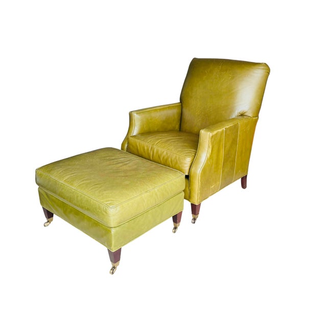 English Vintage Cr Laine Olive Green Leather Lounge Chair & Ottoman | George Smith Style For Sale - Image 3 of 18