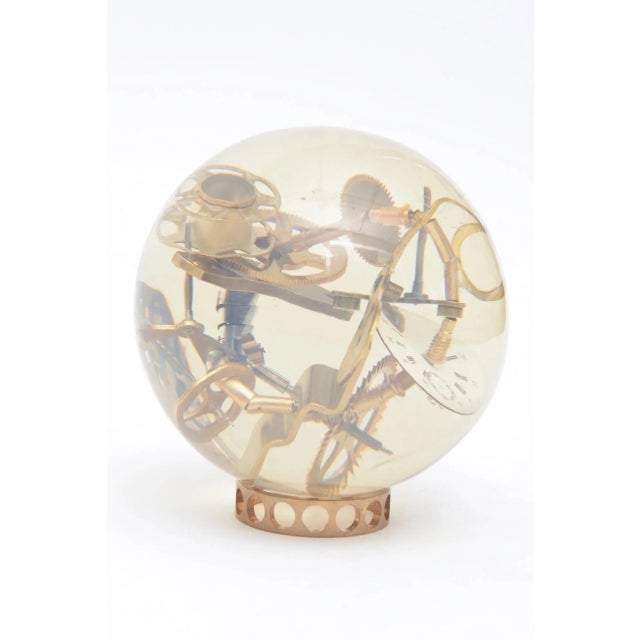Mid-Century Modern Vintage Embedded Gear and Clock Part Round Lucite Sculpture, French, 1960's For Sale - Image 3 of 9