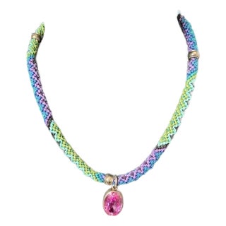 Sterling and Pink Stone Macrame Necklace For Sale
