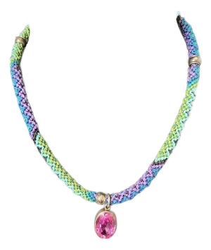 Sterling and Pink Stone Macrame Necklace