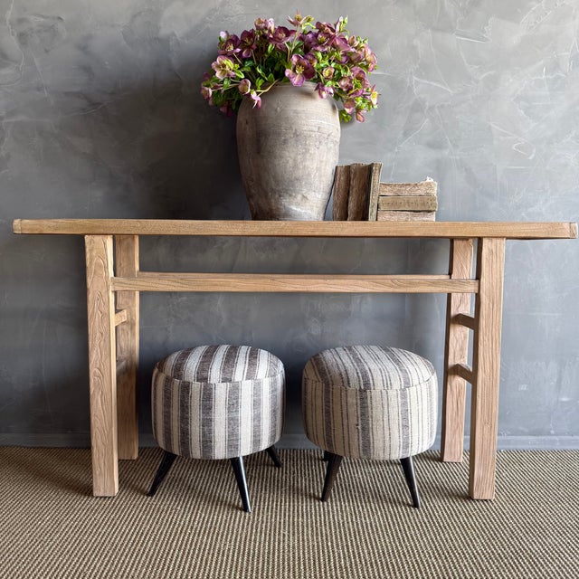 Mid-Century Modern Pair of Striped Off-white, Gray Vintage Turkish Rug Ottomans For Sale - Image 3 of 8