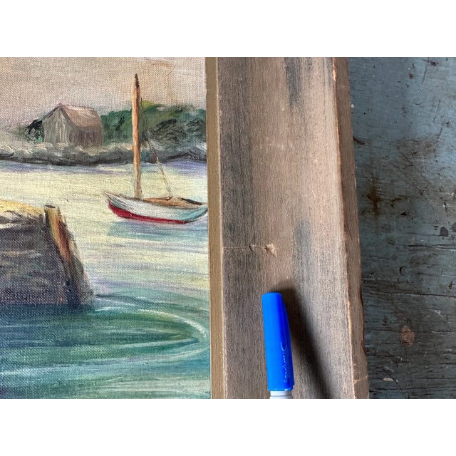 Vintage 1965 Framed Painting of Dinghys and Sailboat at the Lobster-Mans Shack in the Harbor For Sale - Image 11 of 13
