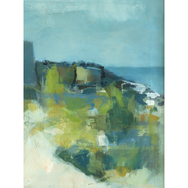 Blue Mid-Century Modern 'Outpost by the Sea' Vintage Original Landscape Oil Painting, Framed For Sale - Image 8 of 10