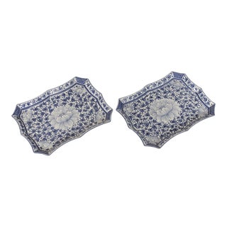 Maitland Smith Chinoiserie Blue and White Porcelain Trays - A Pair For Sale