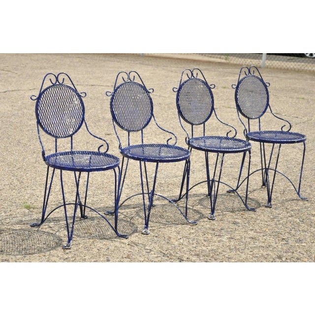 Vintage Victorian Style Blue Wrought Iron Small Garden Bistro Dining Chairs - Set of 4. Circa Mid 20th Century....