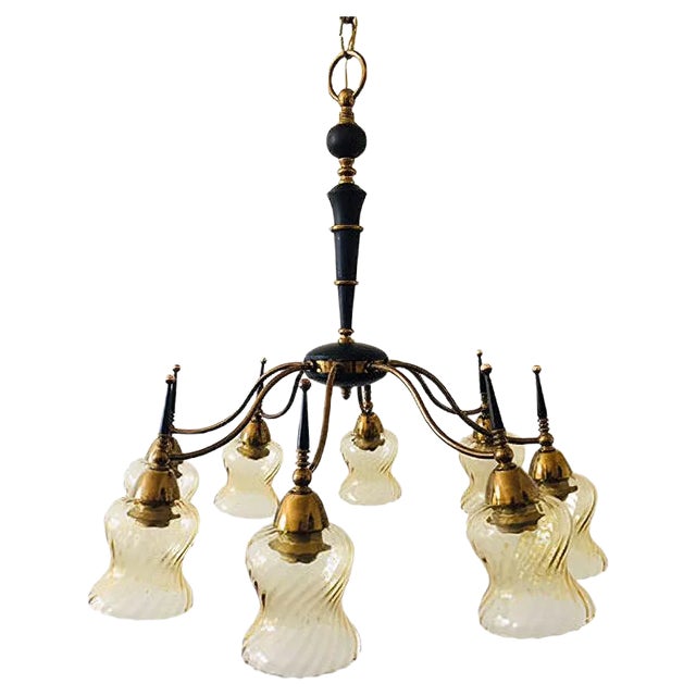 Atomic Age Design Brass and Glass Chandelier, 1950s For Sale