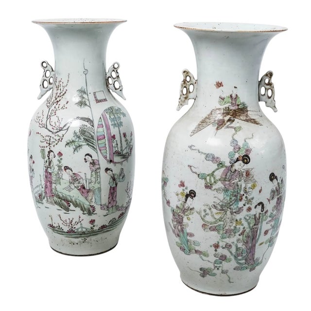 Pair of 19th Century Chinese Porcelain Baluster Vases With Figural Decoration and Calligraphy For Sale - Image 4 of 10