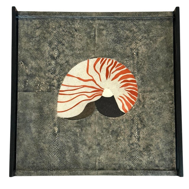 Large R & Y Augousti tray. Central shagreen nautilus shell. Ebonized handles on two sides. In excellent condition.