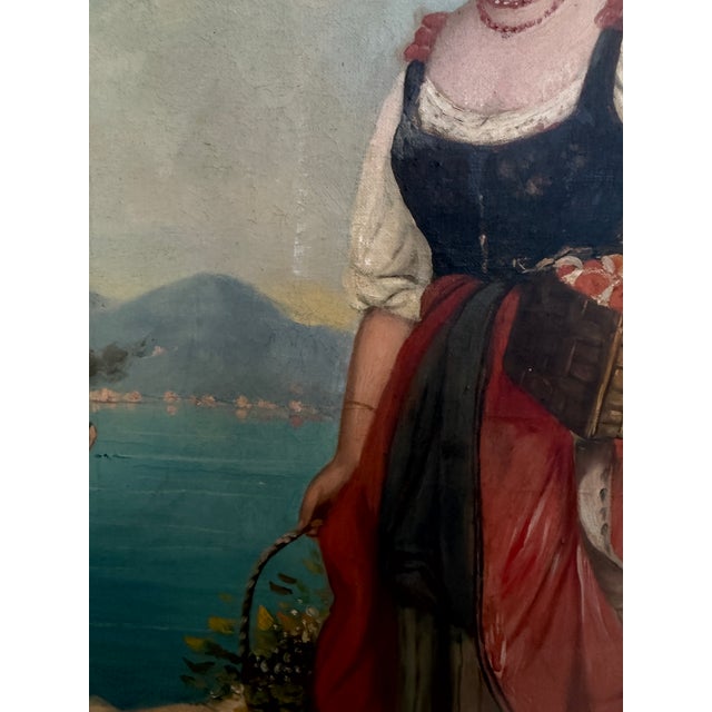 Blue Antique Italian Oil Painting Young Woman With Fruit Basket Mediterranean Scene For Sale - Image 8 of 12