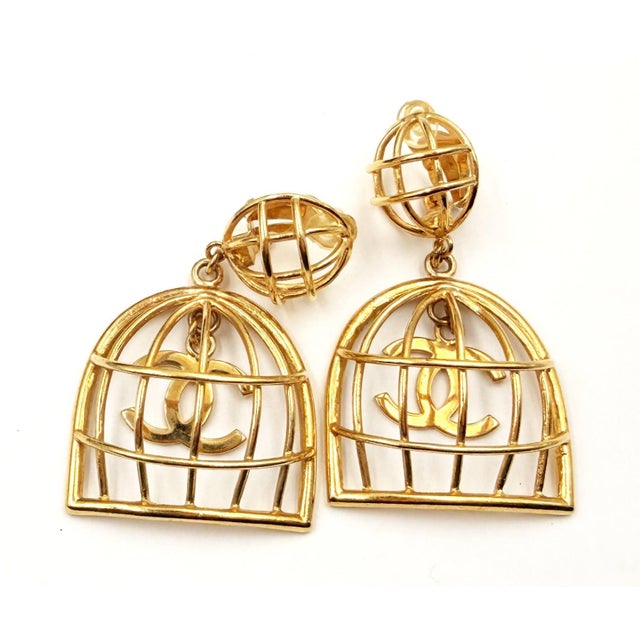 Chanel 1990s Chanel Rare Vintage Gold Plated CC Bird Cage Clip on Earrings, A Pair For Sale - Image 4 of 6