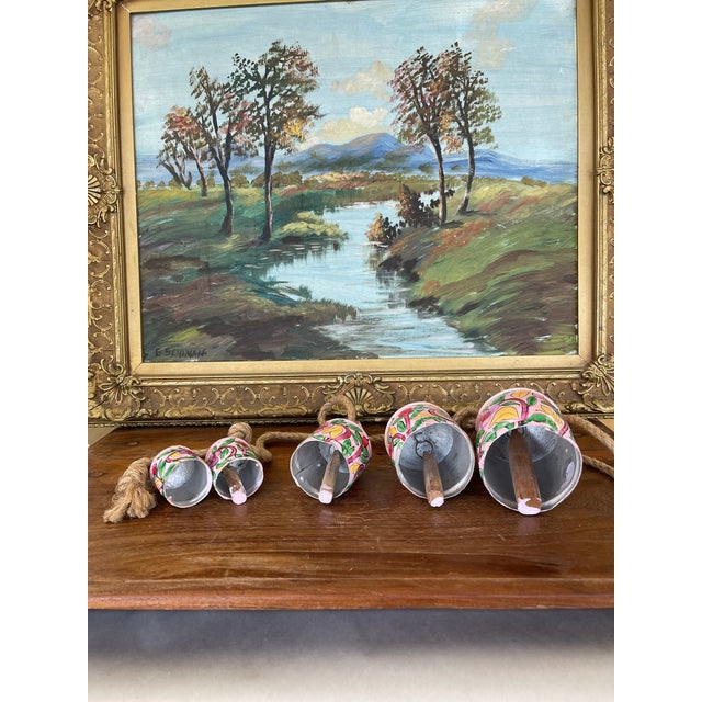 1970s Hand-Painted Pink Metal Bell Garland With Floral Motif, Set of 6 Decorative Hanging Bells. For Sale - Image 9 of 10