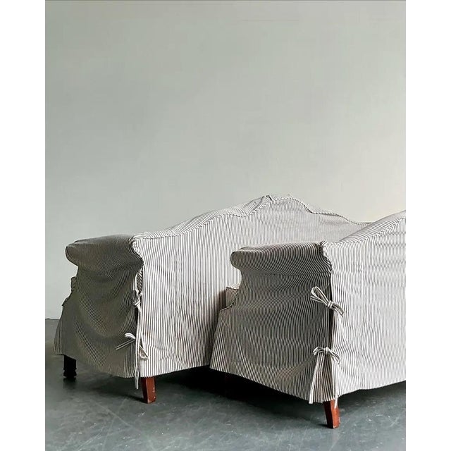 Farmhouse Vintage Regency Ticking Stripe Slipcover Camelback Sofas - A Pair For Sale - Image 3 of 11