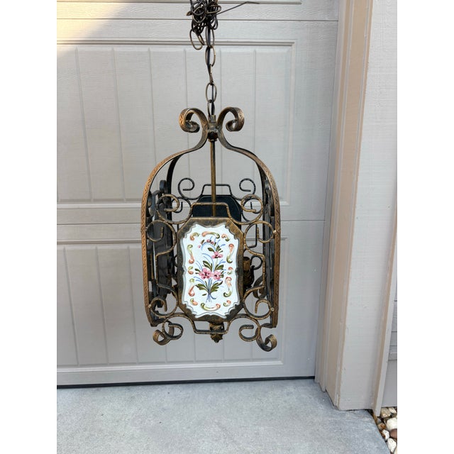 Vintage Gilded Lantern Pendant With Four Dimensional Porcelain Hand Painted Plaques For Sale - Image 10 of 10