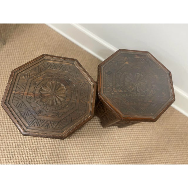 Wood Octagon Moroccan Carved Wooden Side Tables- Pair WithGlass For Sale - Image 7 of 12