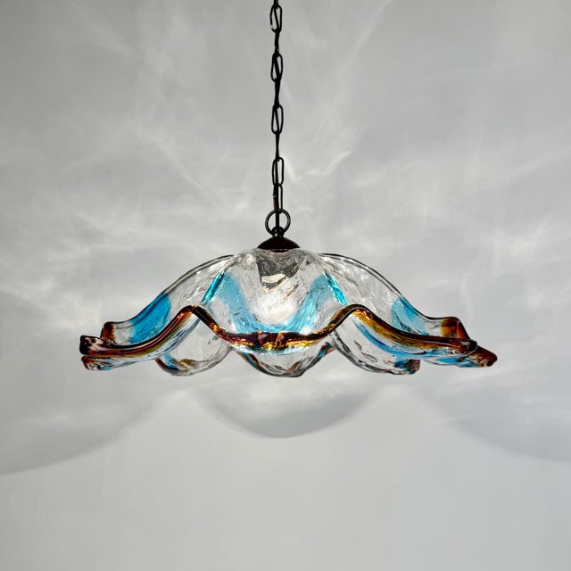 Amber and Blue Murano Glass Flower Pendant Light from Mazzega, Italy, 1970s, in Very Good conditions. Designed 1970 to...