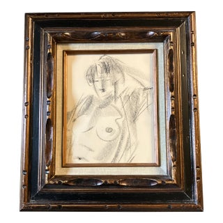 1970’s Original Vintage Female Nude Abstract Charcoal Drawing Chunky Vintage Frame For Sale