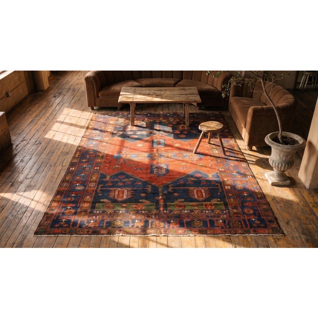 1920s Red Blue Geometric Antique Persian Malayer " Tousirkan " Rug 5' X 6' Handknotted Wool Carpet For Sale - Image 9 of 9