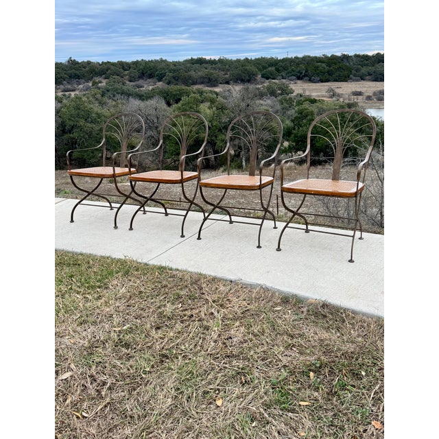 Drexel Heritage Vintage Drexel Heritage Bronze Wrought Iron, Wood, Woven Cane Set of Four Arm Chairs For Sale - Image 4 of 14