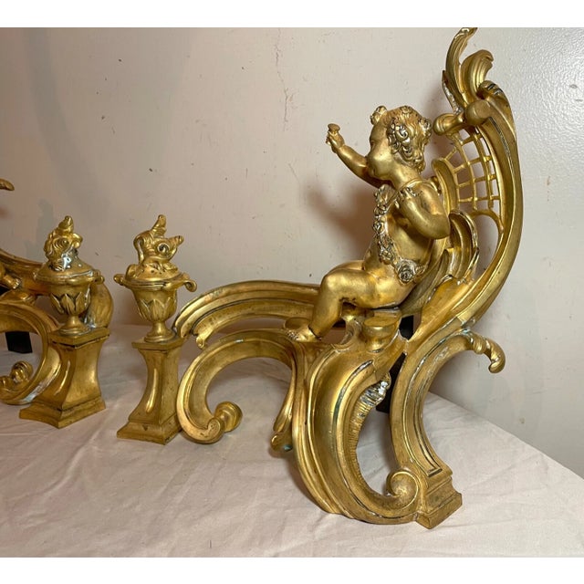 Metal Pair 1800's Ornate Dore Bronze Figural Fireplace Andirons Cherub Putti Chenets For Sale - Image 7 of 14